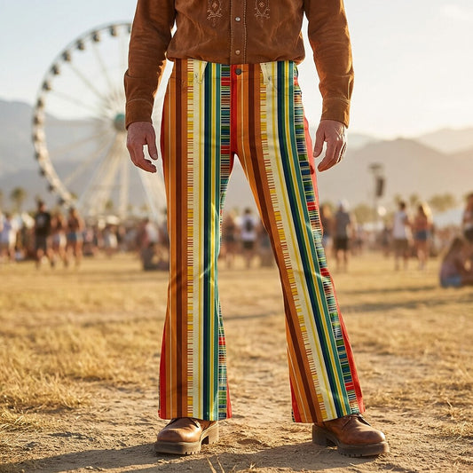 Retro 70s Colorful Stripes High Waist Wide Flared Trousers