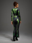 Leotard svasato da donna di Halloween con scheletro verde neon