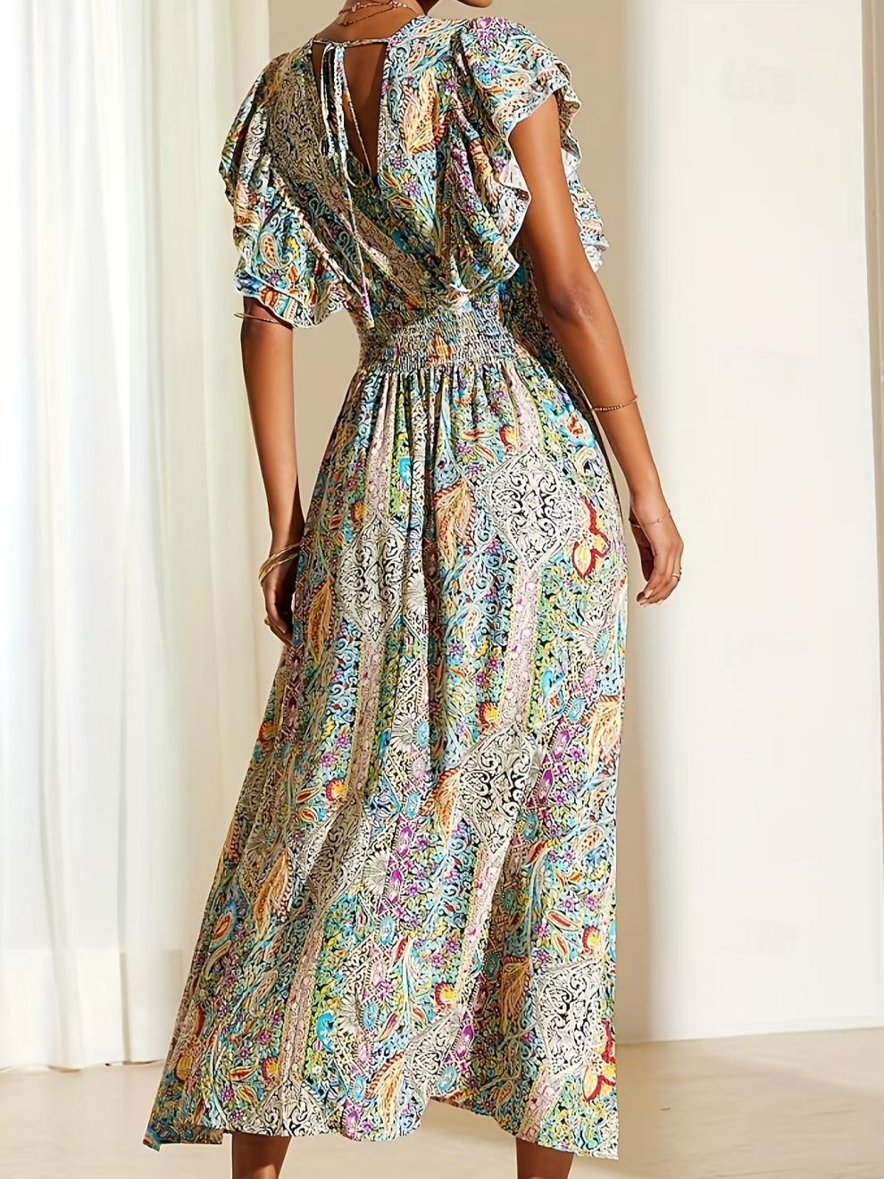Retro 70s Bohemian Paisley Wrap Empire Waist Maxi dress