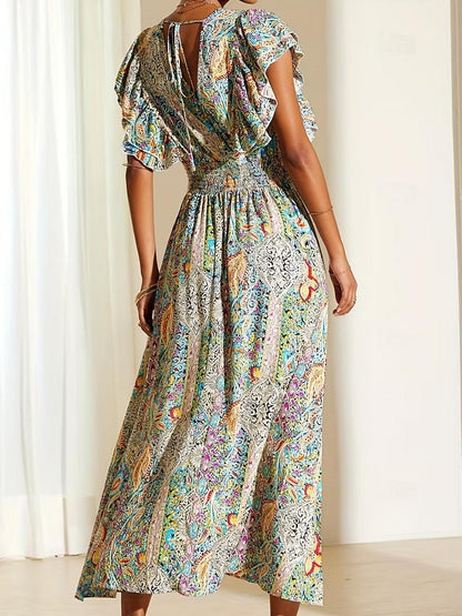 Retro 70s Bohemian Paisley Wrap Empire Waist Maxi dress