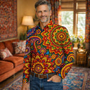Retro 70er Psychedelisches Mandala Langarm-Hemd mit Kragen