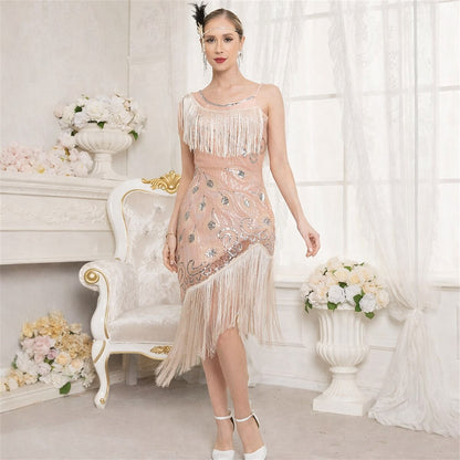 One-Shoulder Flapper Dress with Sequin Floral Detailing
