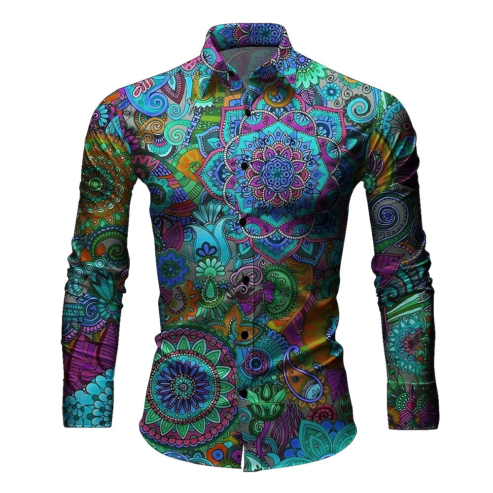 Retro 70S Psychedelic Mandala Paisley Long Sleeves Collar Shirt