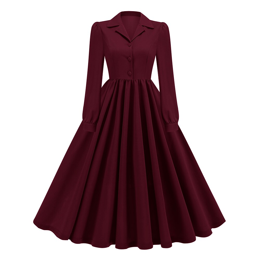 Women's 1950s Solid Color Lapel Collar Long Sleeve Flare Dress