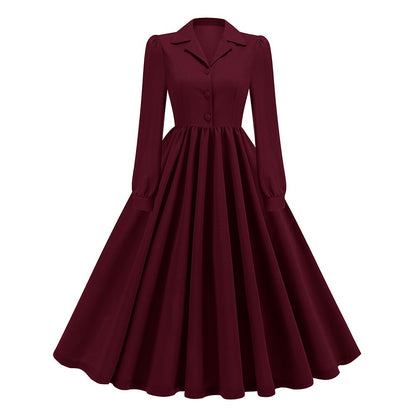 Women's 1950s Solid Color Lapel Collar Long Sleeve Flare Dress