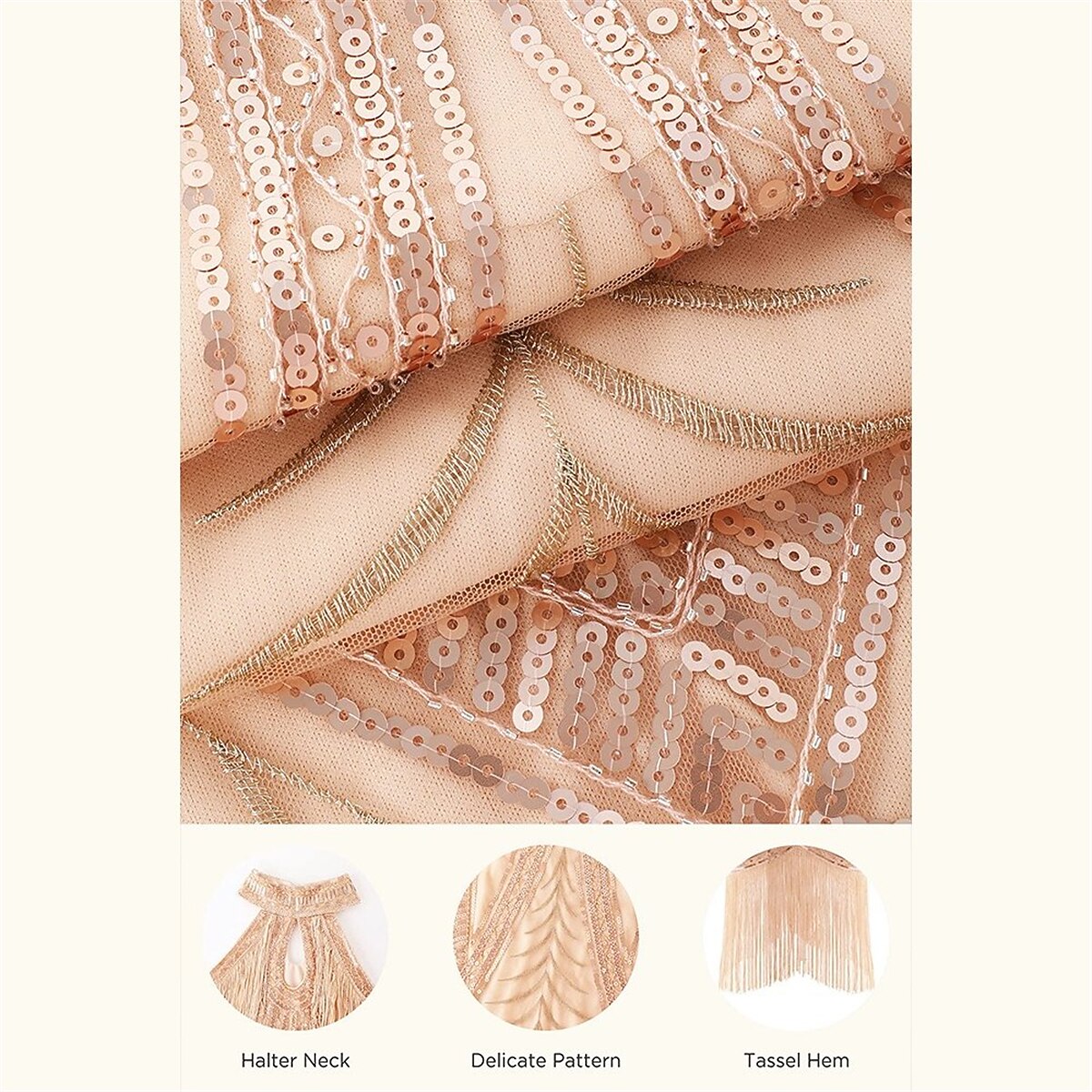 Halter Neck Sequin Flapper Dress with Art Deco Detailing