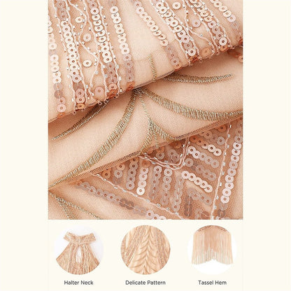 Halter Neck Sequin Flapper Dress with Art Deco Detailing