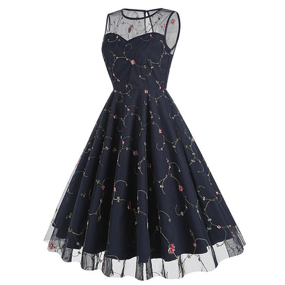 Embroidered Floral Tulle Midi Dress