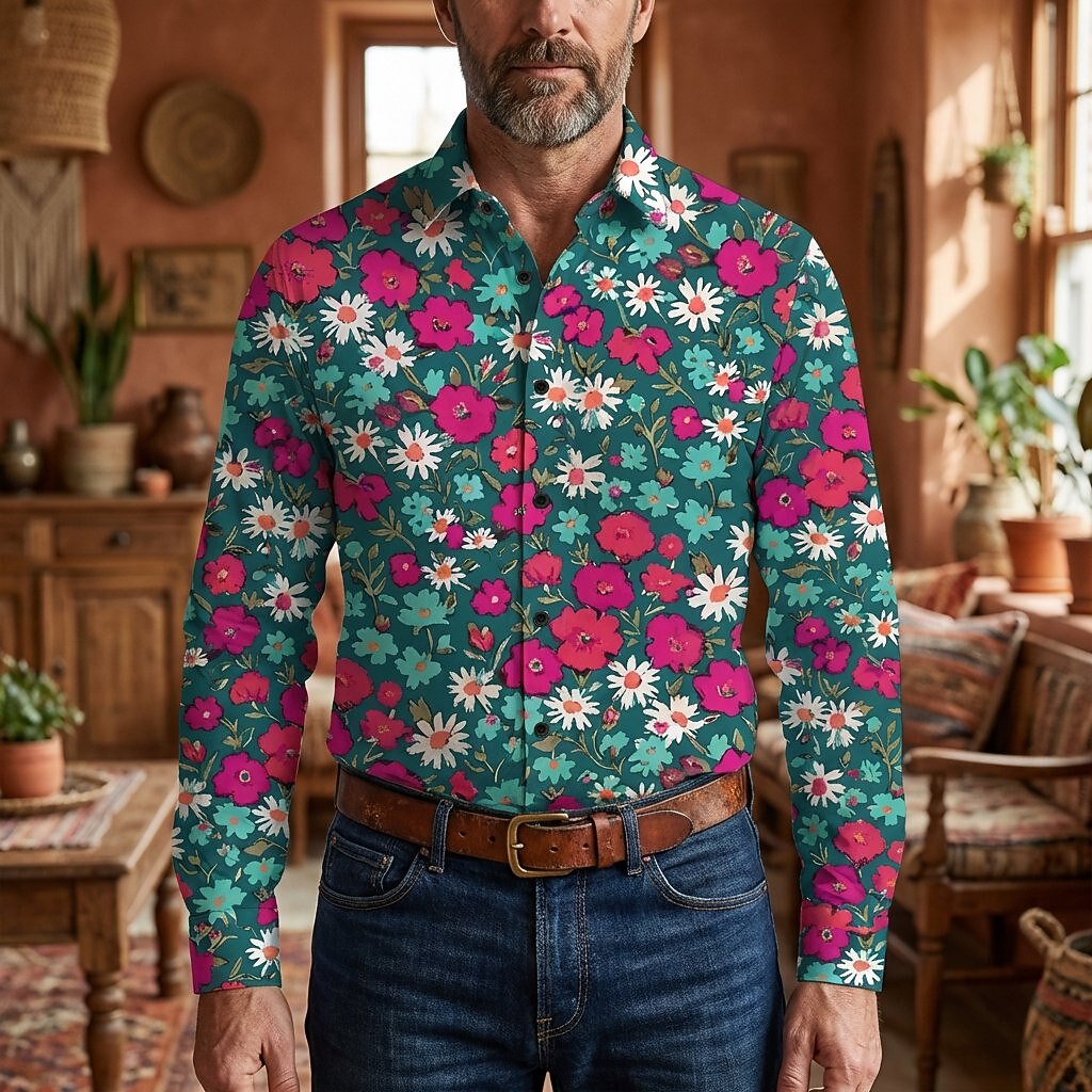 Retro 70S Vintage Floral Daisy Poppy Pattern Long Sleeves Collar Shirt