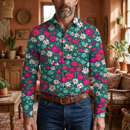 Retro 70S Vintage Floral Daisy Poppy Pattern Long Sleeves Collar Shirt