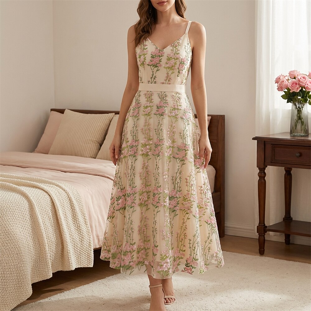Floral Embroidered V-Neck Midi Dress
