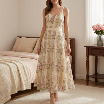 Floral Embroidered V-Neck Midi Dress