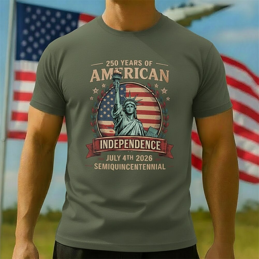 Men's American 250th Statue of Liberty American Flag Freedom Patriotic Printed T-shirt