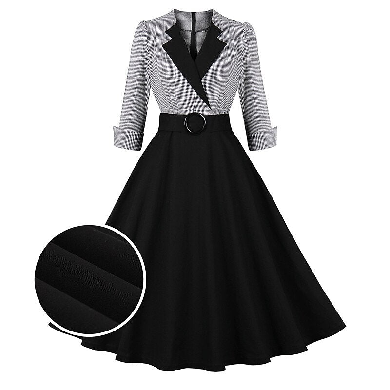 Women's 1950s Plaid Checkered Patchwork Lapel Collar Long Sleeve Swing Dress