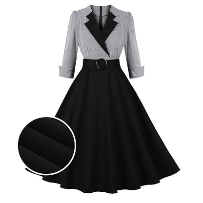 Women's 1950s Plaid Checkered Patchwork Lapel Collar Long Sleeve Swing Dress