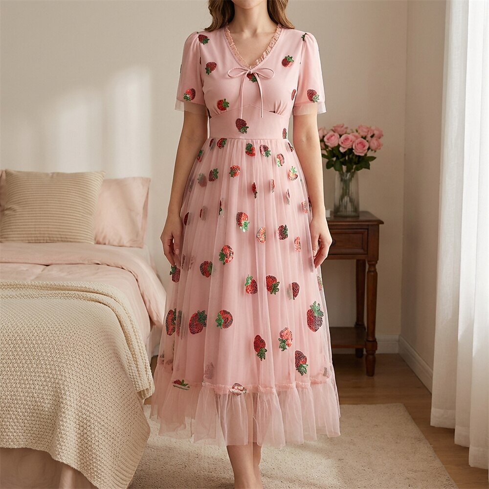 Strawberry Embroidered Mesh Midi Dress