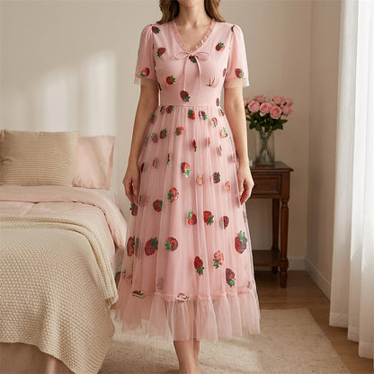 Strawberry Embroidered Mesh Midi Dress