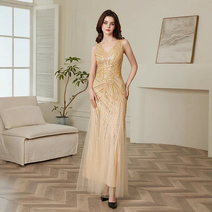 Champagne V-Neck Beaded Evening Gown