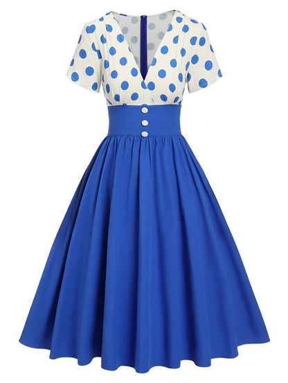 Women's 1950s Polka Dot V-Neck High Waist Swing Dress