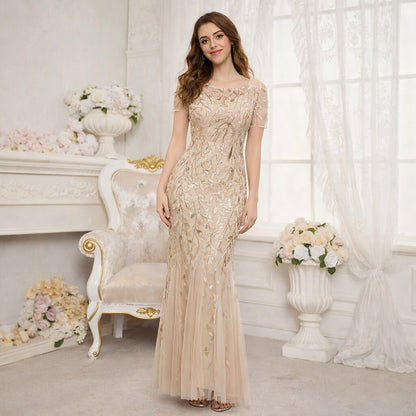 Mermaid Illusion Short Sleeve Sequin Gown