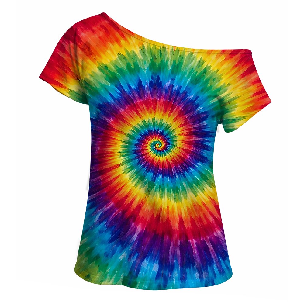 Retro 70s Tie-Dye Swirl One Shoulder Short Sleeves T-shirt