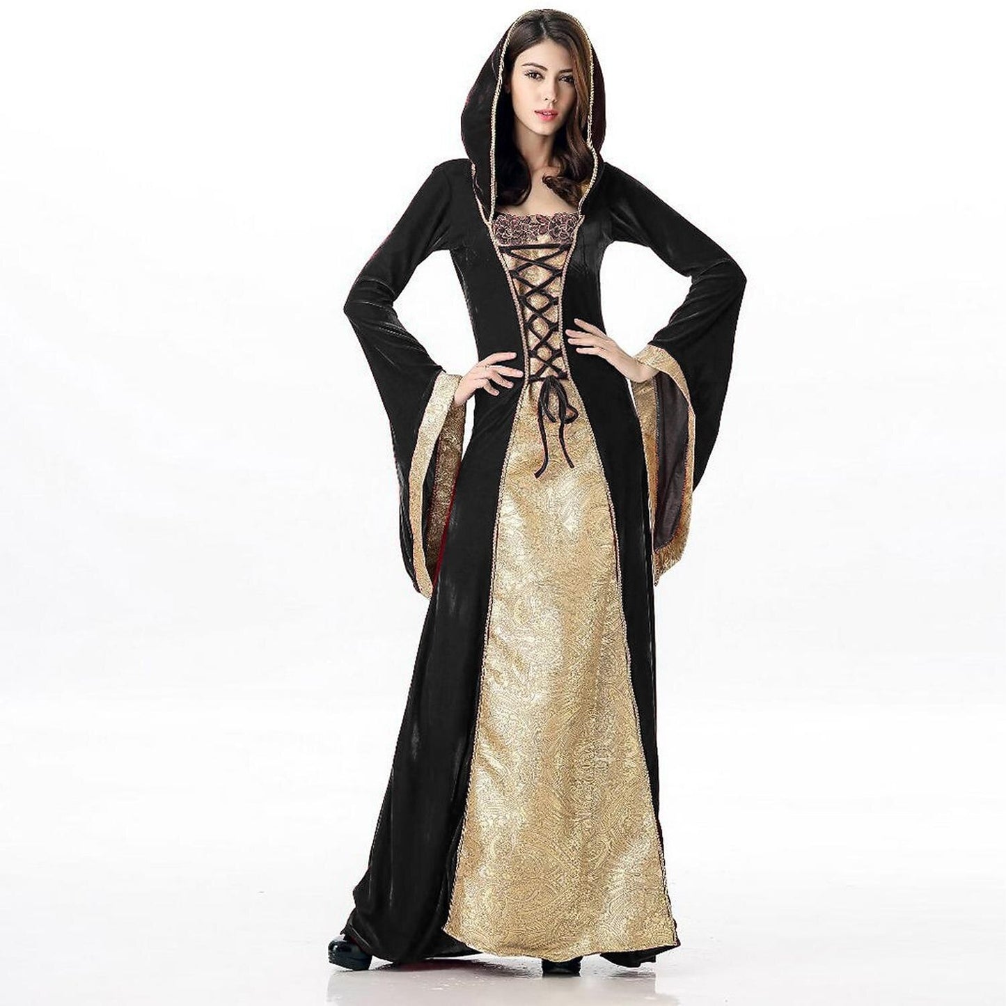 Medieval Lace-Up Hooded Velvet Gown