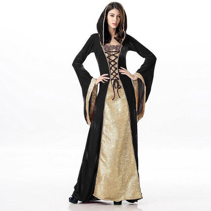 Medieval Lace-Up Hooded Velvet Gown
