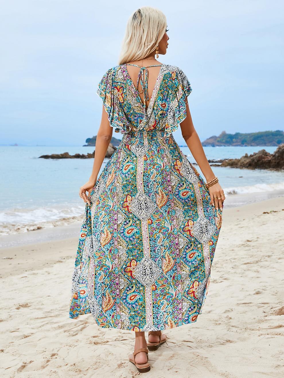 Retro 70s Bohemian Paisley Empire Waist Maxi Dress