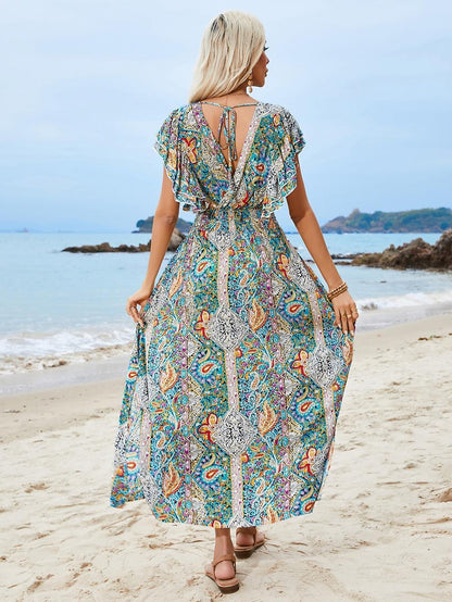 Retro 70s Bohemian Paisley Empire Waist Maxi Dress