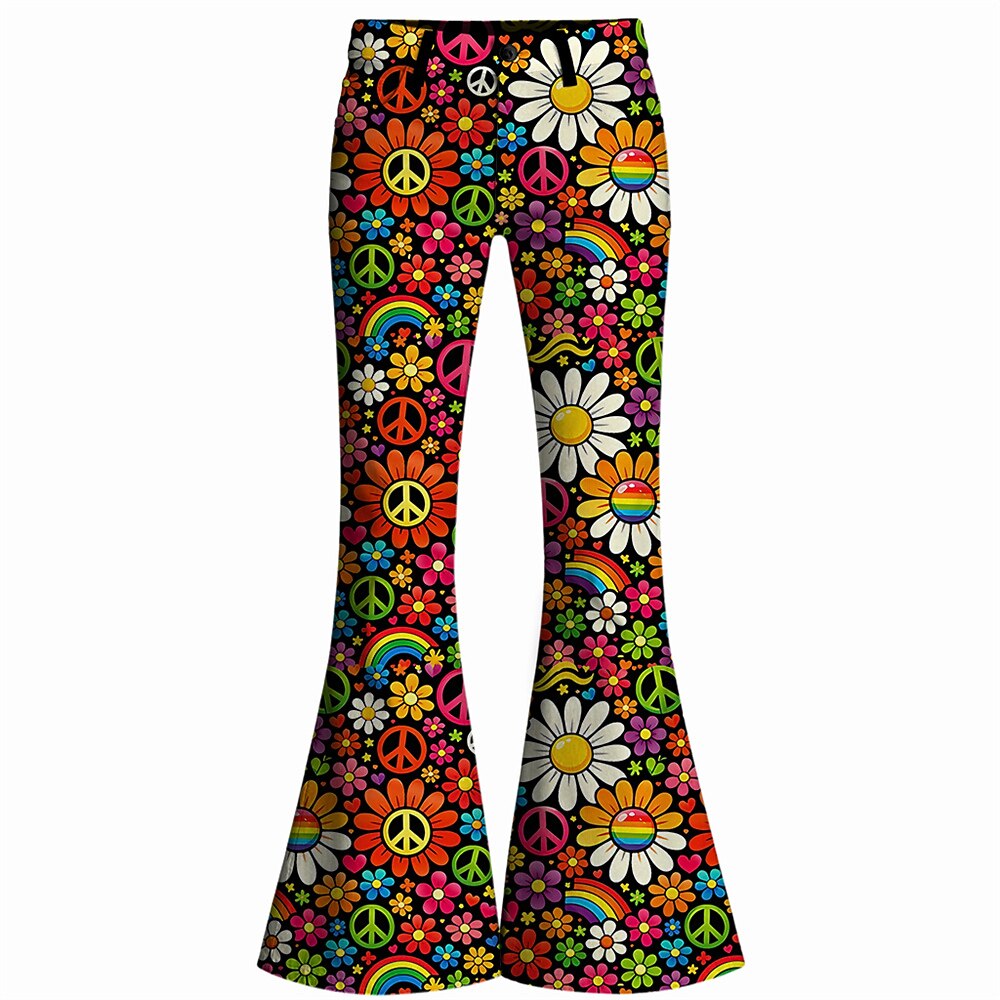 Retro 70s Peace Sign Floral Rainbow High Waist Wide Flared Trousers