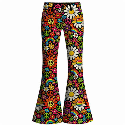 Retro 70s Peace Sign Floral Rainbow High Waist Wide Flared Trousers