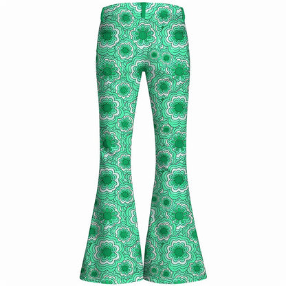 Retro 70s Geometric Floral High Waist Wide Flared Trousers