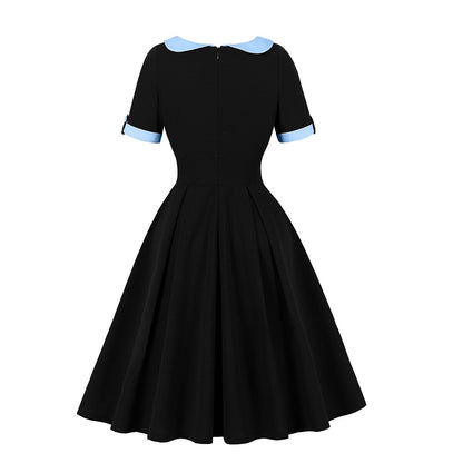 Women's 1950s Color Block Peter Pan Collar Short Sleeve A-Line Dress