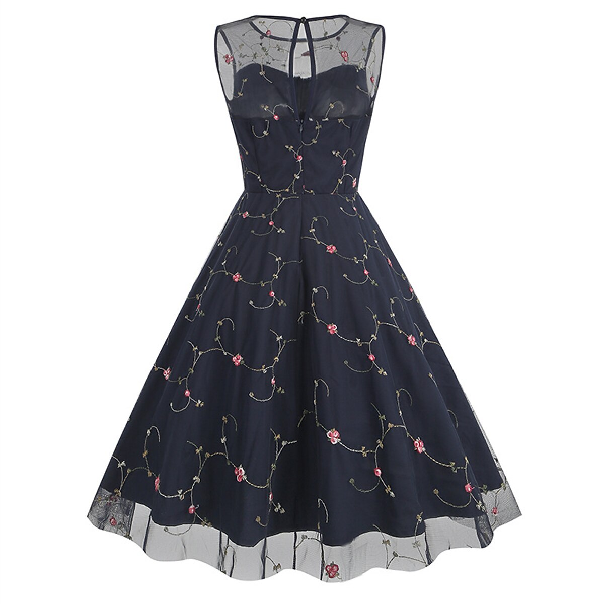 Embroidered Floral Tulle Midi Dress