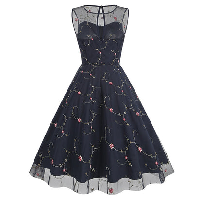 Embroidered Floral Tulle Midi Dress