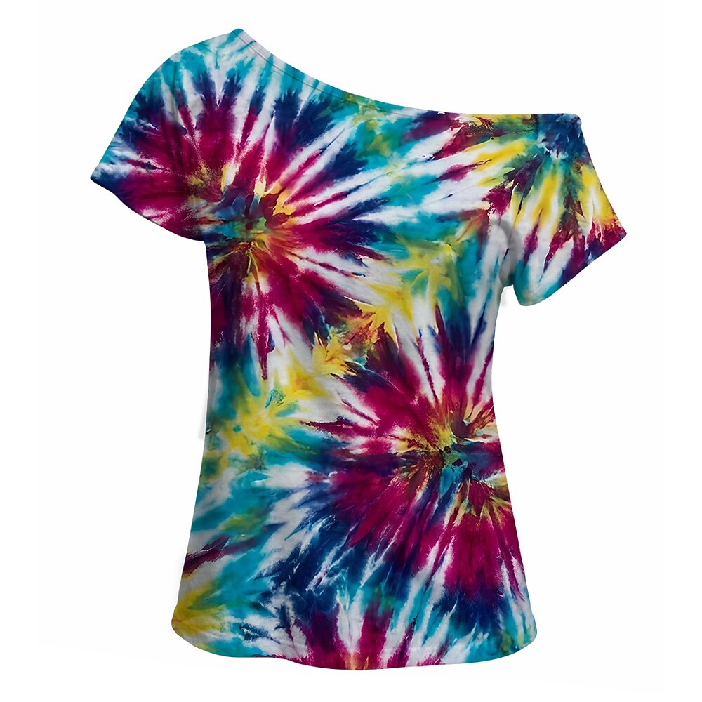 Retro 70s Tie-Dye Swirl One Shoulder Short Sleeves T-shirt