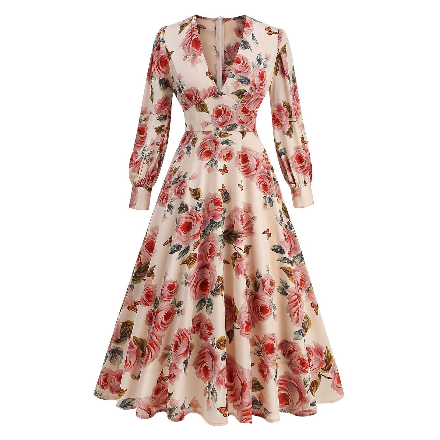 Women's 1950s Pink Rose Floral V-Neck Long Sleeve Flare Dress