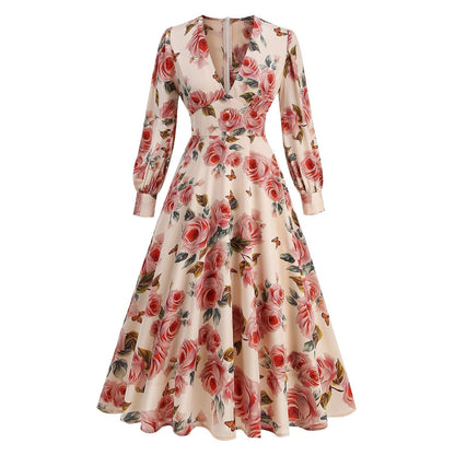 Women's 1950s Pink Rose Floral V-Neck Long Sleeve Flare Dress