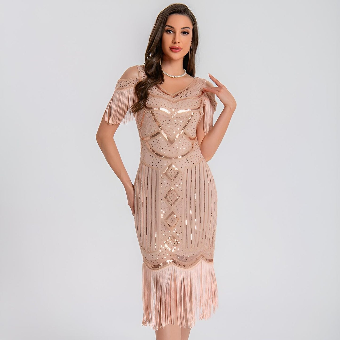 Cold Shoulder Sequin Flapper Dress with Geometric Pattern