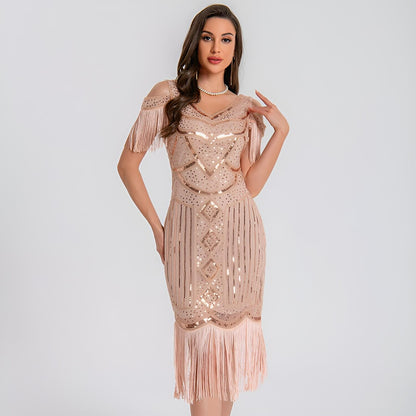Cold Shoulder Sequin Flapper Dress with Geometric Pattern