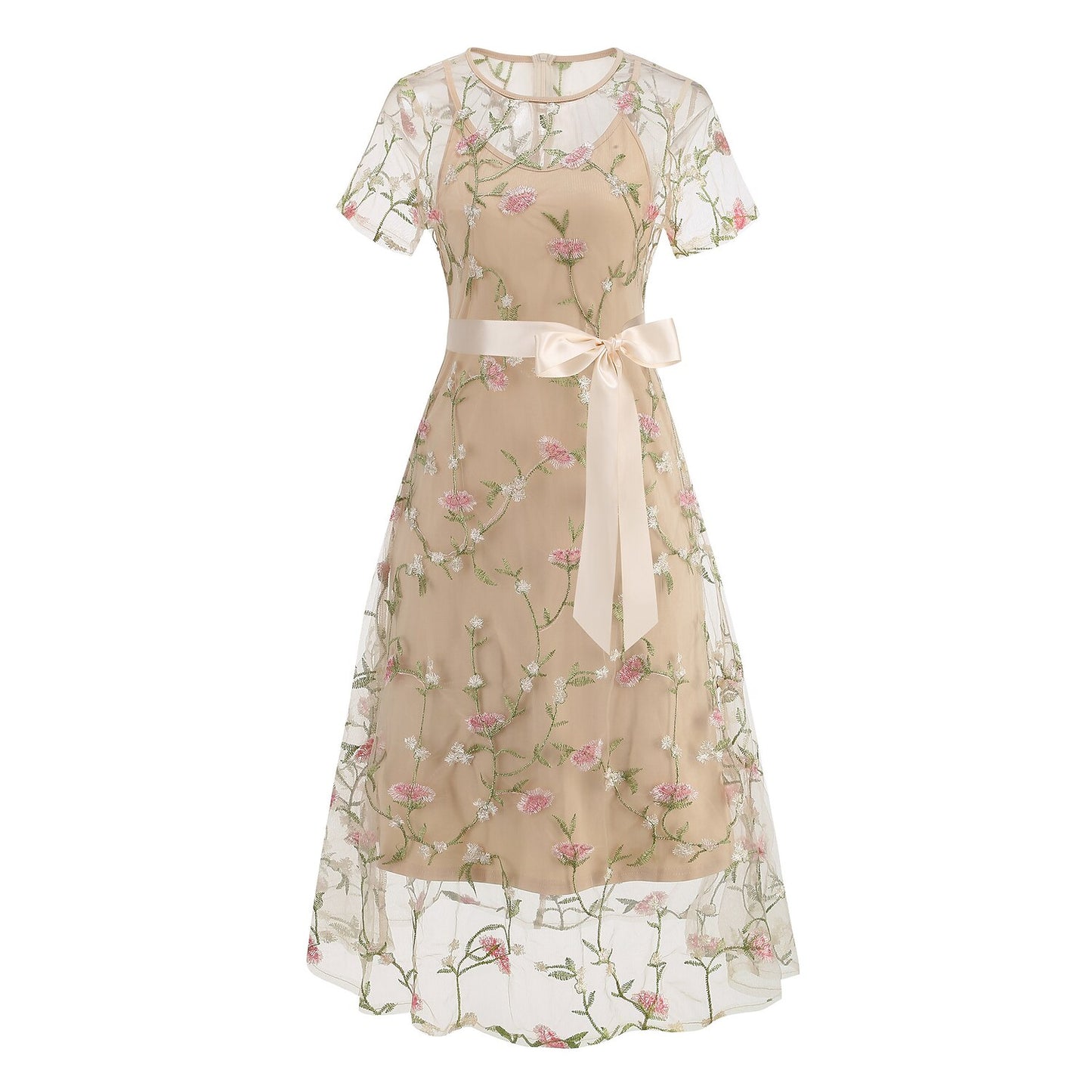 Floral Embroidered Mesh Midi Dress