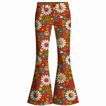 Retro 70s Peace Sign Floral High Waist Wide Flared Trousers