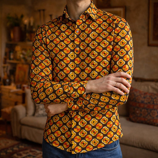 Retro 70S Vintage Geometric Circle Motif Long Sleeves Collar Shirt
