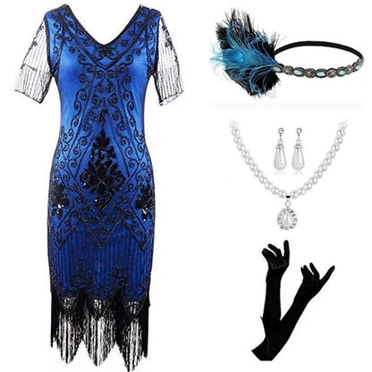 Art Deco Beaded Flapper Dress with Accessories Set