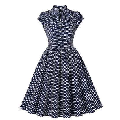 Women's 1950s Polka Dot Cap Sleeve Tie Collar Fit and Flare A-Line Dress