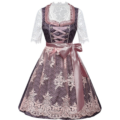 Lila besticktes Dirndlkleid mit Spitzenschürze und Bluse fürs Oktoberfest 