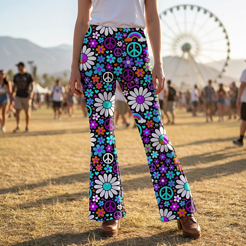 Retro 70s Peace Sign Floral High Waist Wide Flared Trousers