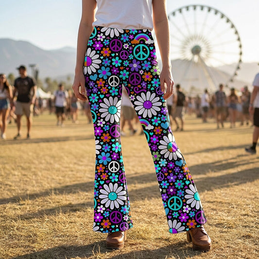 Retro 70s Peace Sign Floral High Waist Wide Flared Trousers