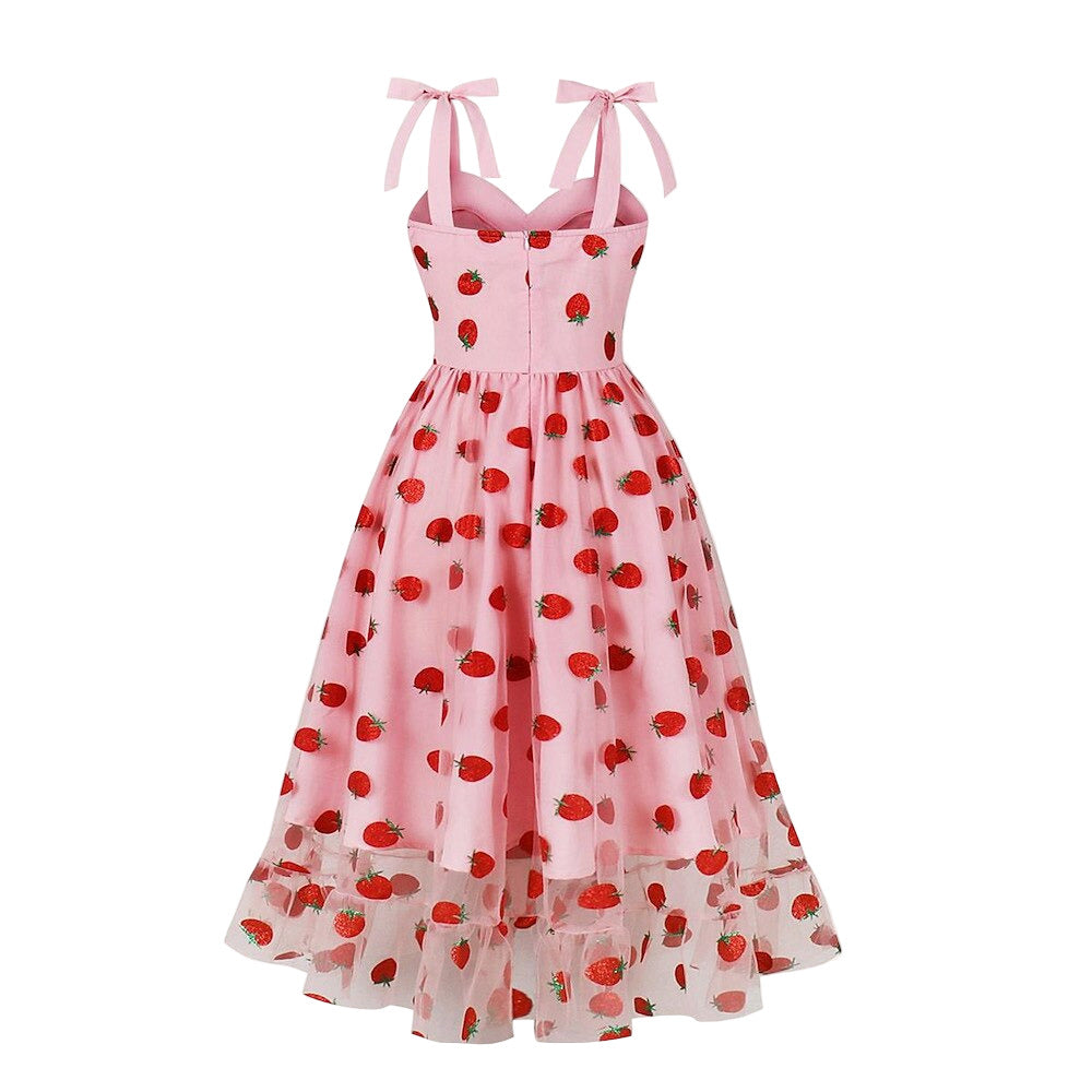 Women's 1950s Pink Strawberry Print Tie Strap Sweetheart Neck A-Line Dress