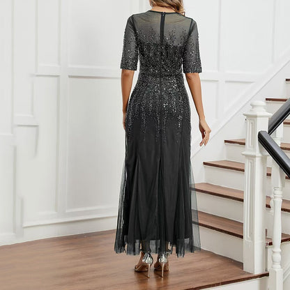 Elegant Beaded Half Sleeve Evening Gown